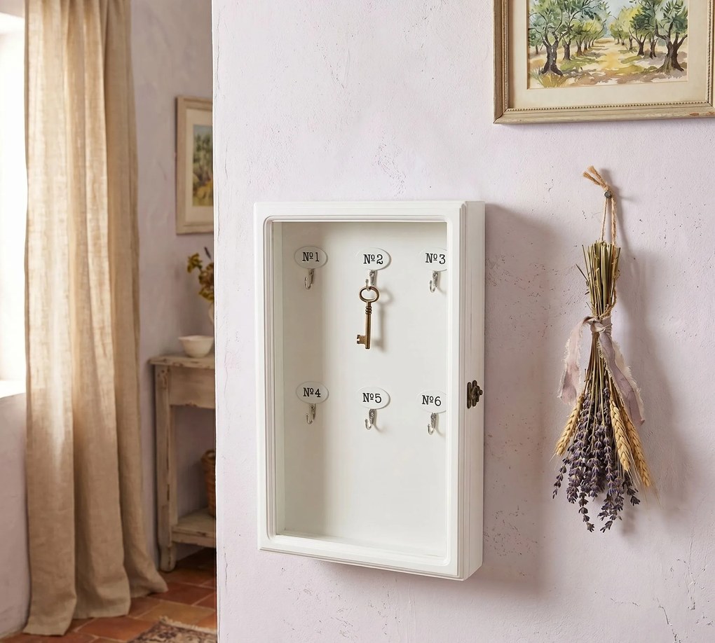Biela drevená skrinka na kľúče - 24 * 7 * 38 cm