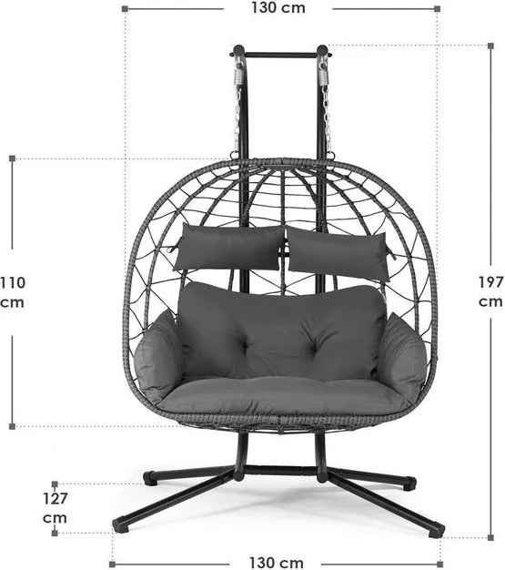Závesné kreslo pre dvoch, sivé, s vankúšmi a podstavcom
