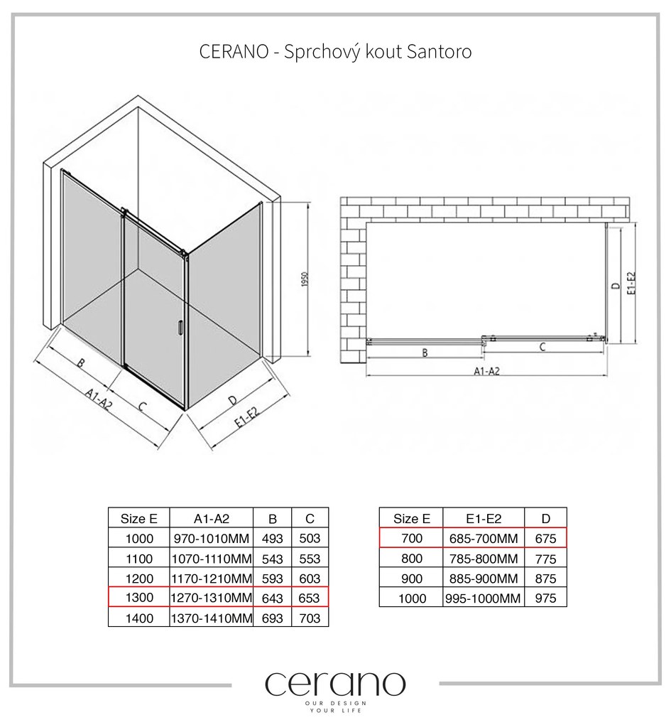 Cerano Santoro, sprchovací kút s posuvnými dverami 130(dvere) x 70(stena) x 195 cm, 6mm šedé sklo, čierny profil, CER-CER-425488