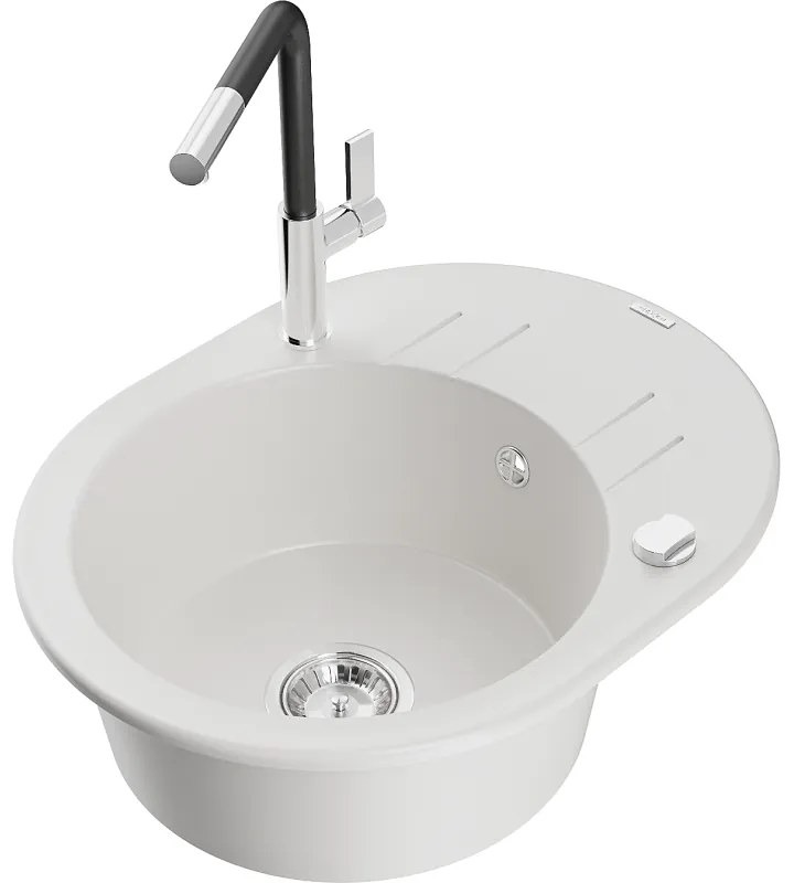 Mexen Kevin, 1-komorový granitový drez 586x458x190 mm a drezová batéria Flora, biela, 6517-20-670401-07