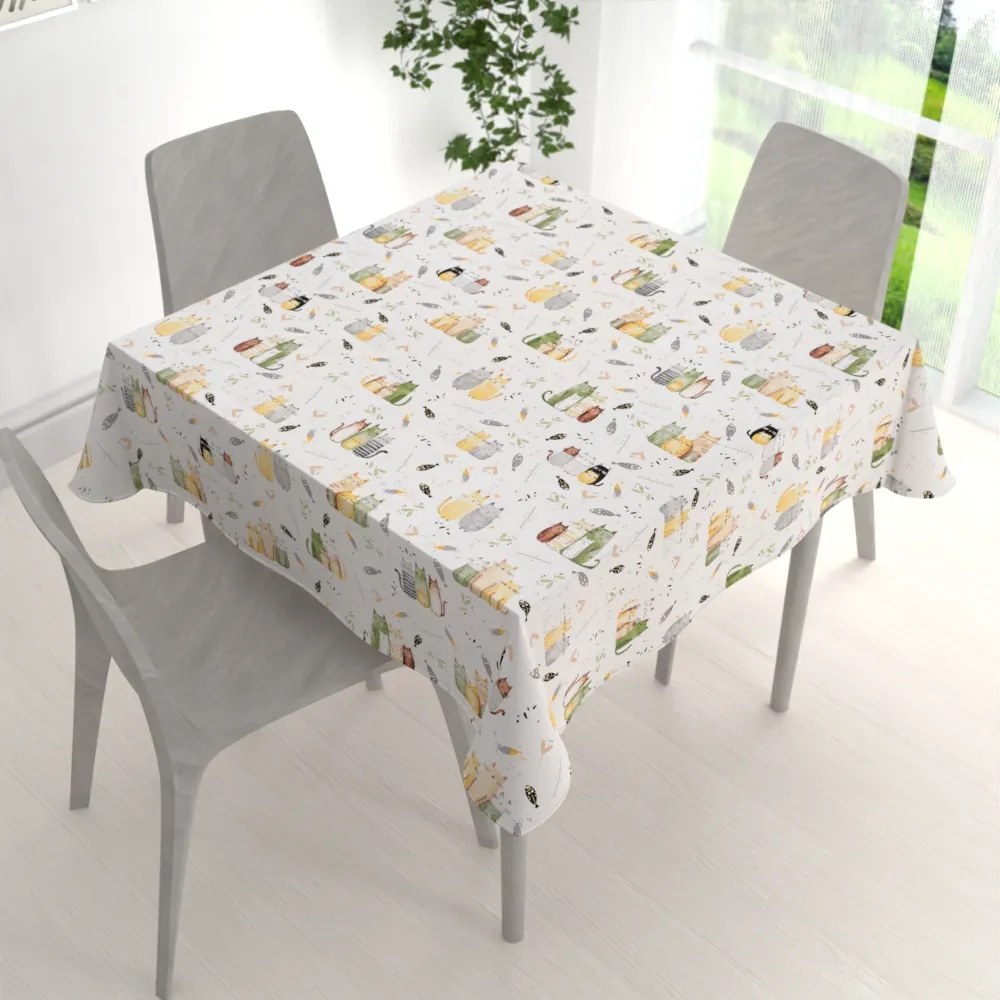 Biante Detský bavlnený štvorcový obrus Sandra SA-652 Mačací svet zeleno-žltý na bielom 120x120 cm