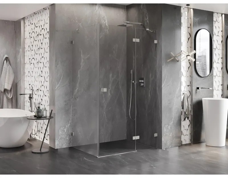 Mexen Lunar, pravostranný výklopný sprchový kút 85 x 80 cm, 8mm číre sklo, oceľový profil, 834-085-080-97-00-P
