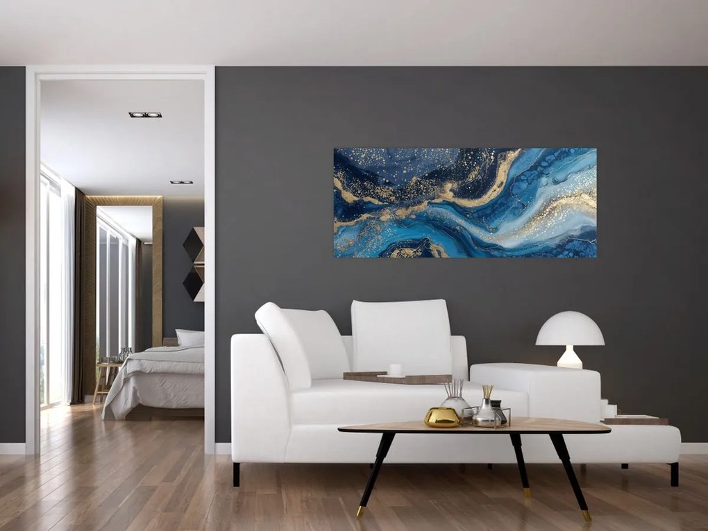 Obraz - Modrozlatý abstraktný mramor (120x50 cm)