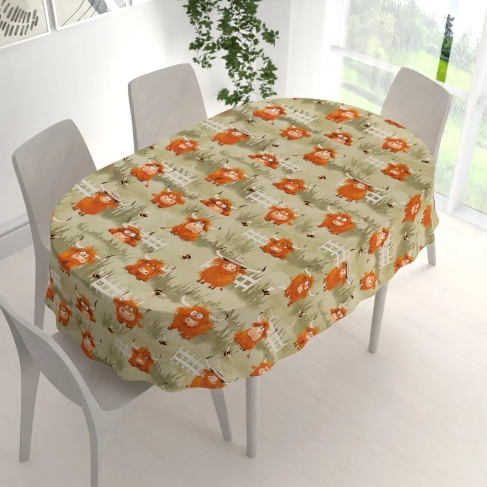 Biante Detský bavlnený oválny obrus Sandra SA-612 Býčky na pastve na zelenom 140x220 cm