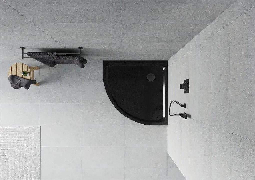 Mexen SLIM - Štvrťkruhová sprchová vanička 80x80x5cm + čierny sifón, čierna, 41708080B