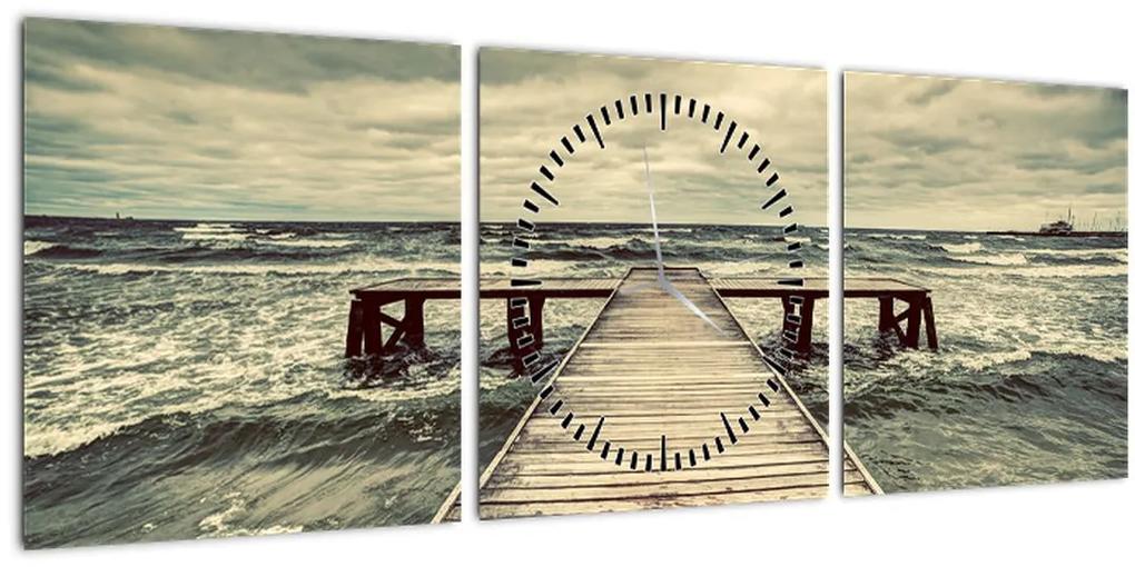 Obraz dreveného móla na mori (s hodinami) (90x30 cm)