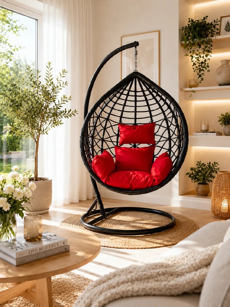 Závesné ratanové hojdacie kreslo LINDA PLUS čierne