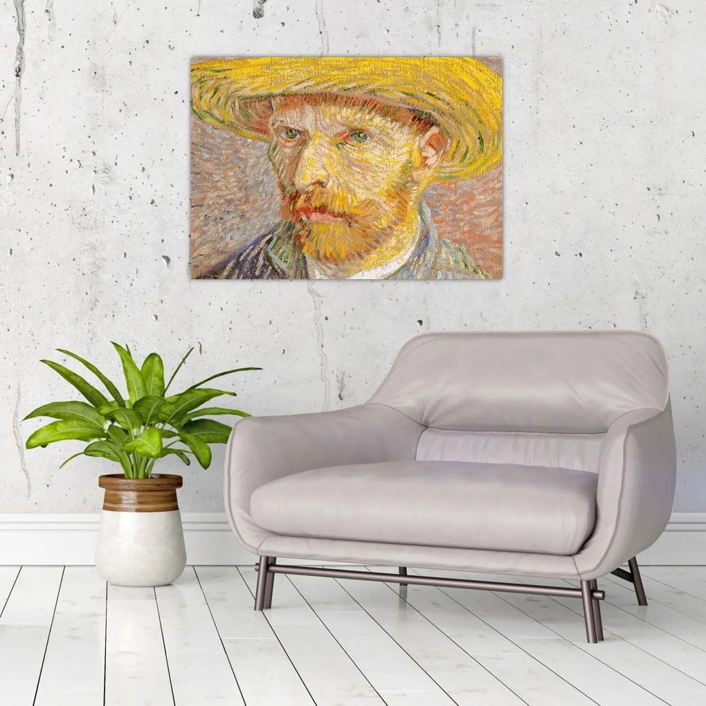 Sklenený obraz - Vincent van Gogh, Self-Portrait with a Straw Hat (The Potato Peeler), reprodukcia (70x50 cm)