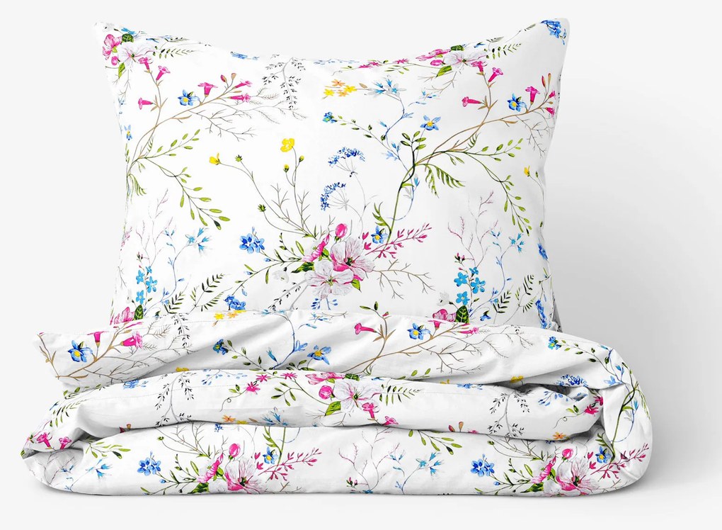 Goldea bavlnené posteľné obliečky - maľované lúčne kvety 140 x 200 a 70 x 90 cm