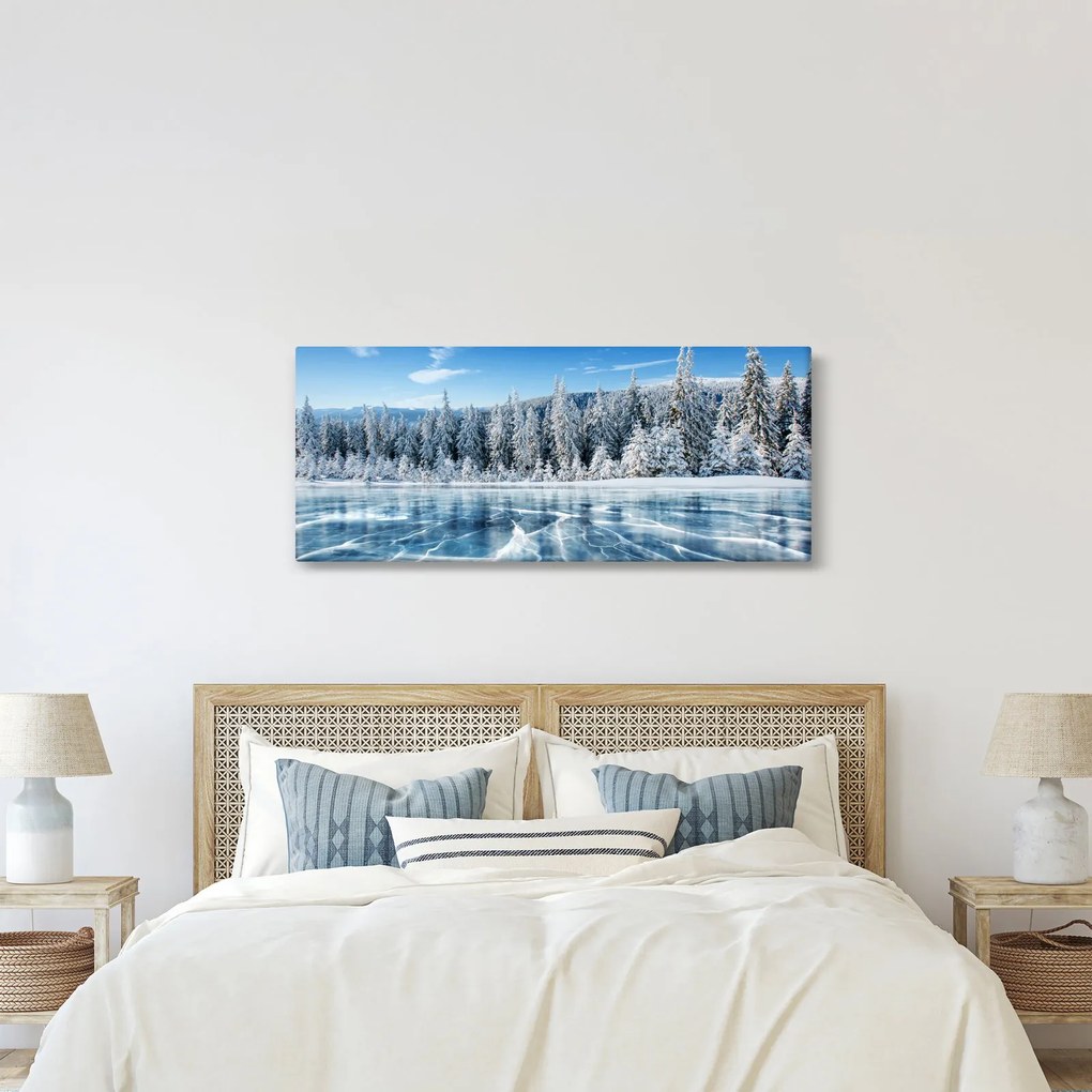 Obraz zamrznutého jazera a zasnežených stromov (120x50 cm)