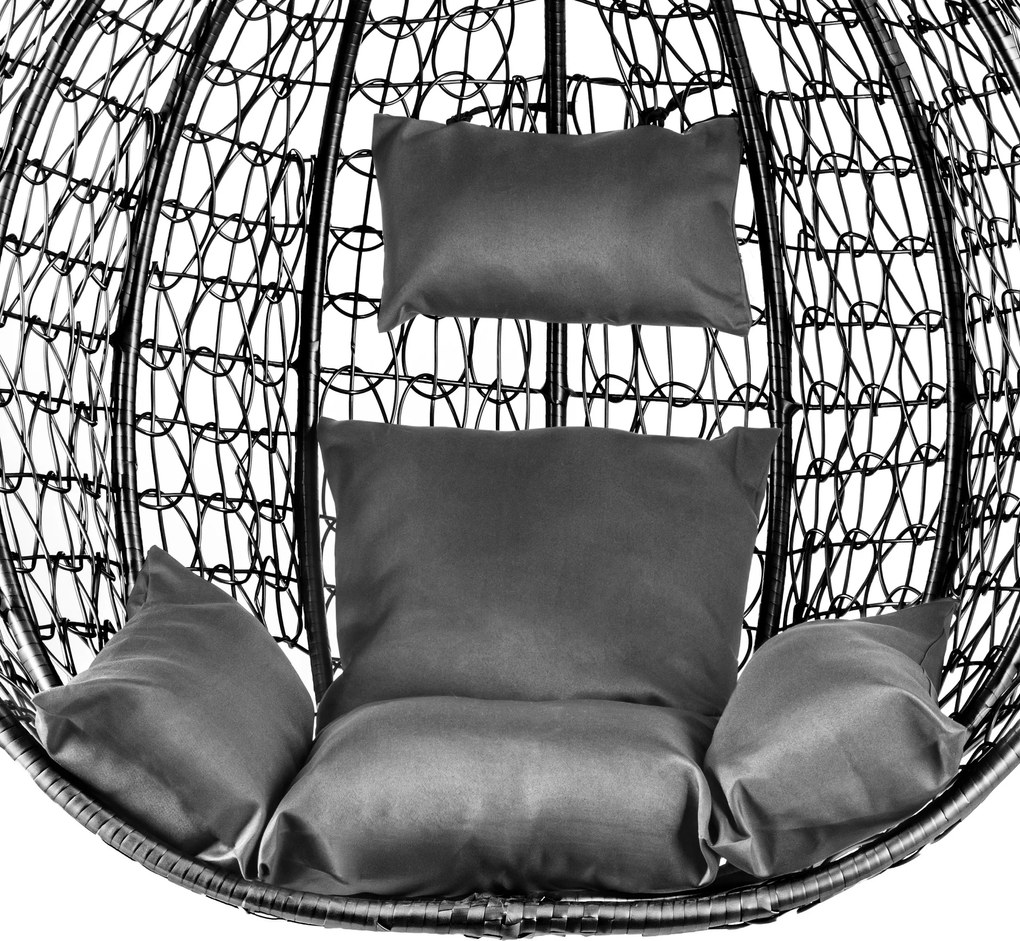 Čierne závesné kreslo KOKON so stojanom, sivý vankúš