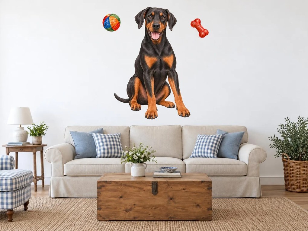 Doberman s loptičkou a kosťou realistické textilné nálepky na stenu pre milovníkov dobermanov arch 31 x 46 cm