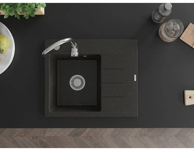 Mexen Ben, 1-komorový granitový drez 600x500x190 mm, ľavý+ chrómový sifón, čierna-zlatá metalíza, 6522605000-75