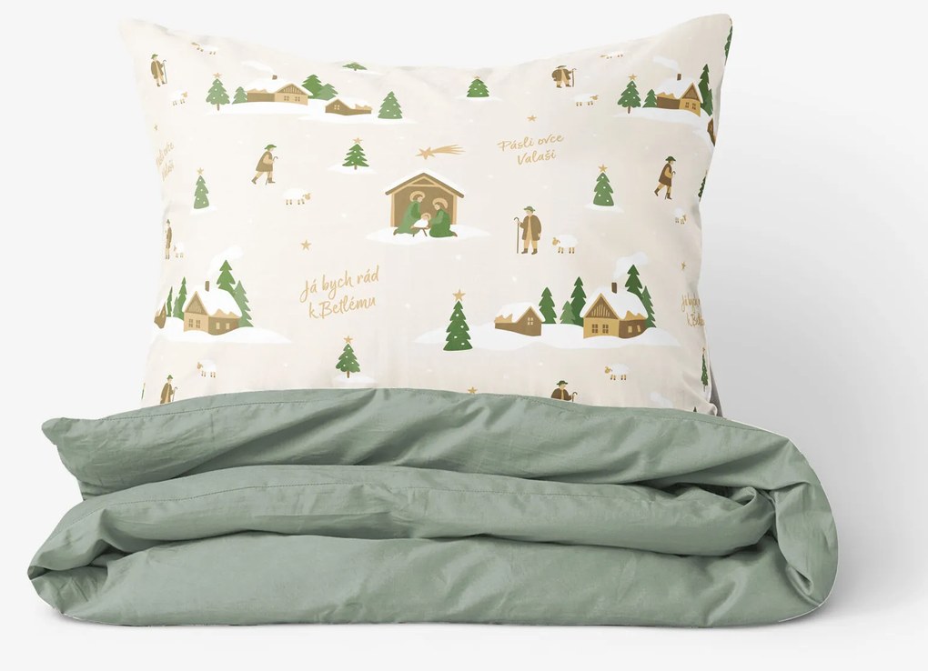 Goldea vianočné bavlnené posteľné obliečky duo - pásli ovce valaši so šalviovo zelenou 140 x 200 a 70 x 90 cm