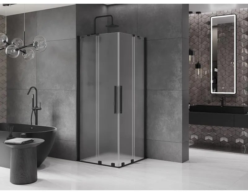 Mexen Velar Duo, sprchový kút s posuvnými dverami 100 x 100 cm, 8mm sklo námraza, čierna matná, 871-100-100-32-70