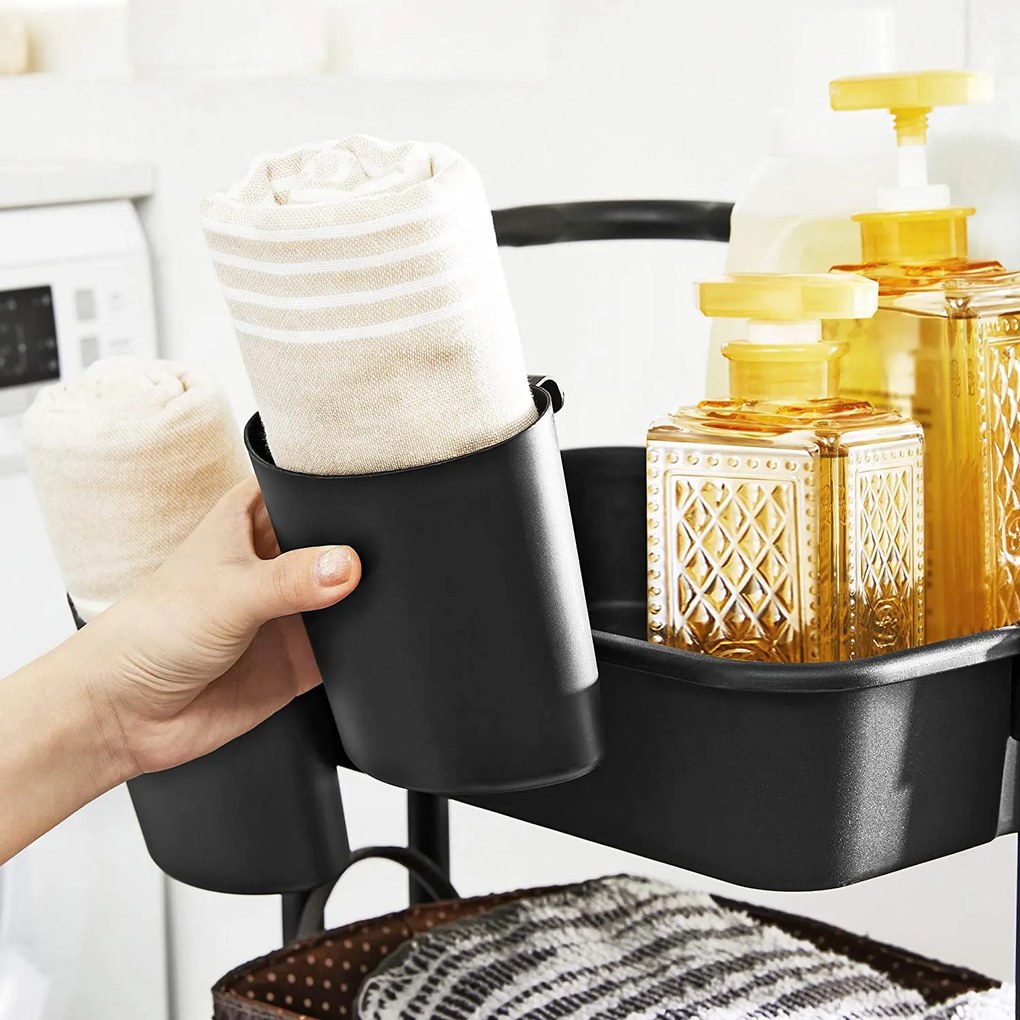 Úložný vozík 3-úrovňový s rukoväťou, s 2 organizérmi, čierny