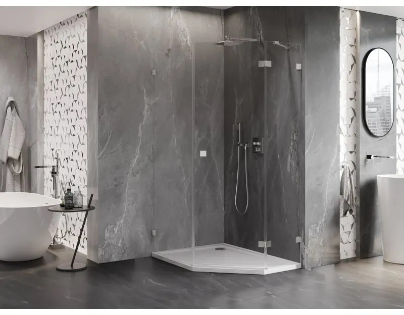 Mexen Lunar, pravý výklopný päťuholníkový sprchový kút 90 x 100 cm, 8mm číre sklo, oceľový profil, 831-090P-100L-97-00-P