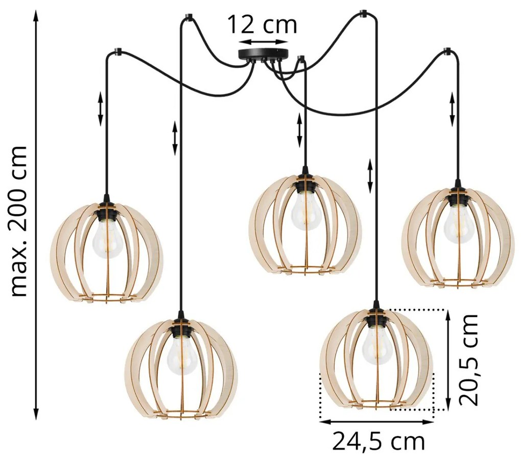 Závesné svietidlo Timber Spider 9, 5x drevené tienidlo