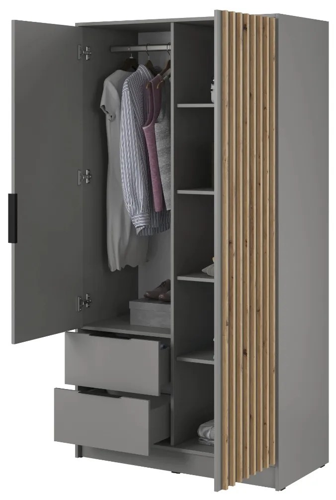 ŠATNÍKOVÁ SKRIŇA LETIZIA S LAMELAMI A ZRKADLOM SIVÁ / DUB ARTISAN 105 cm