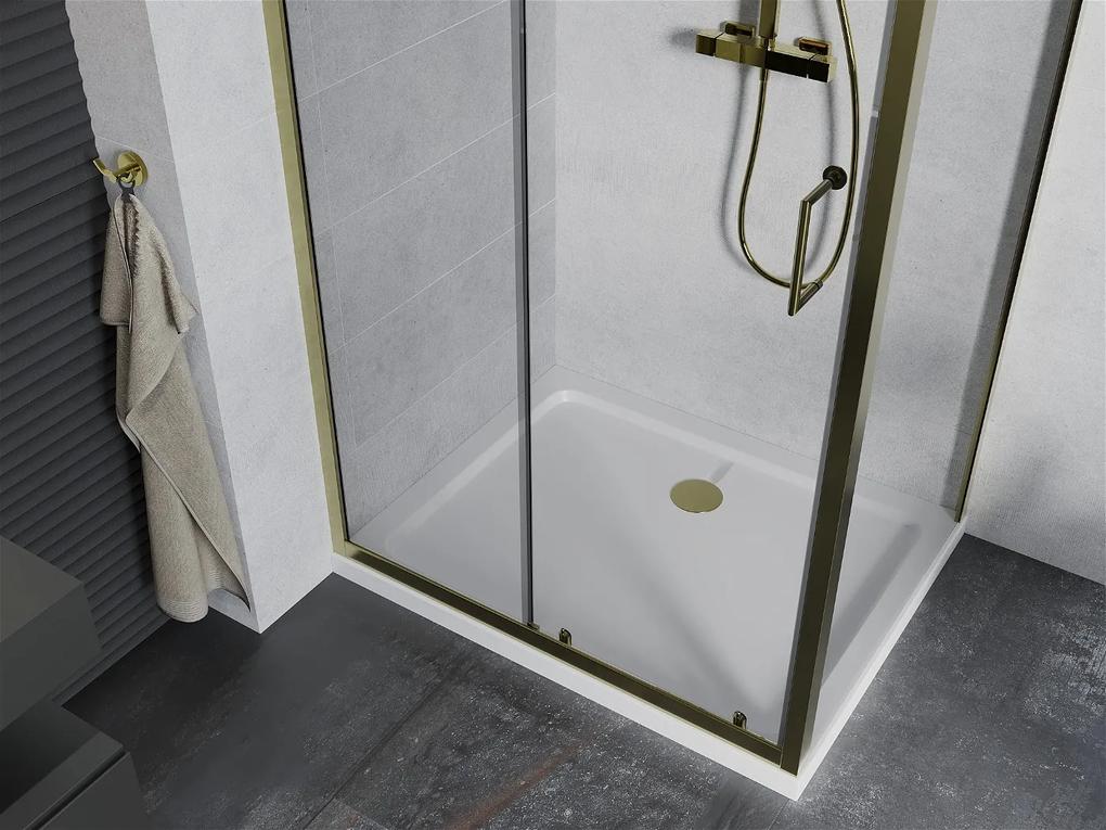 Mexen Apia sprchovací kút s posuvnými dverami 110 (dvere) x 80 (stena) cm, 5mm číre sklo, zlatý profil + biela sprchová vanička SLIM, 840-110-080-50-00-4010G