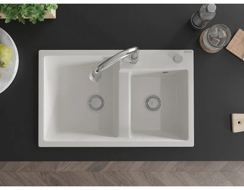 Mexen Tomas, 2-komorový granitový drez 800x500x190 mm a drezová batéria Elia, biela, 6516-20-670101-00