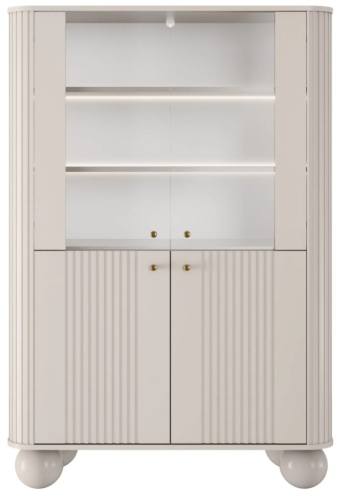 Vitrína Vesper 103 cm štvordverová - kašmír / zlaté úchytky / guľaté nohy