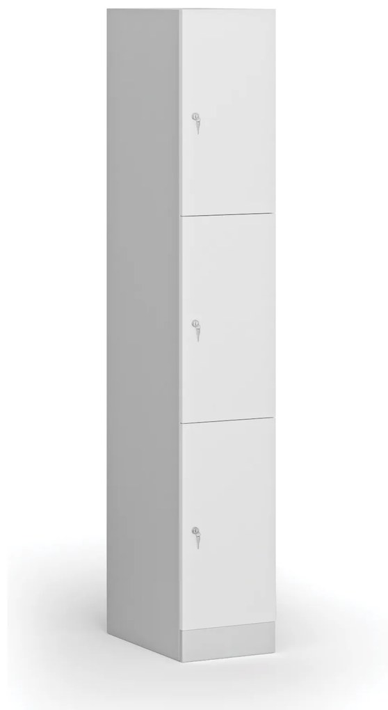 Šatníková skrinka s úložnými boxmi, 3 boxy, 1850 x 300 x 500 mm, cylindrický zámok, laminované dvere, biela