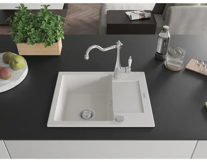 Mexen Enzo, granitový drez 576x465x174 mm, 1-komorový a drezová batéria Carla, biela, 6506-20-670700-00
