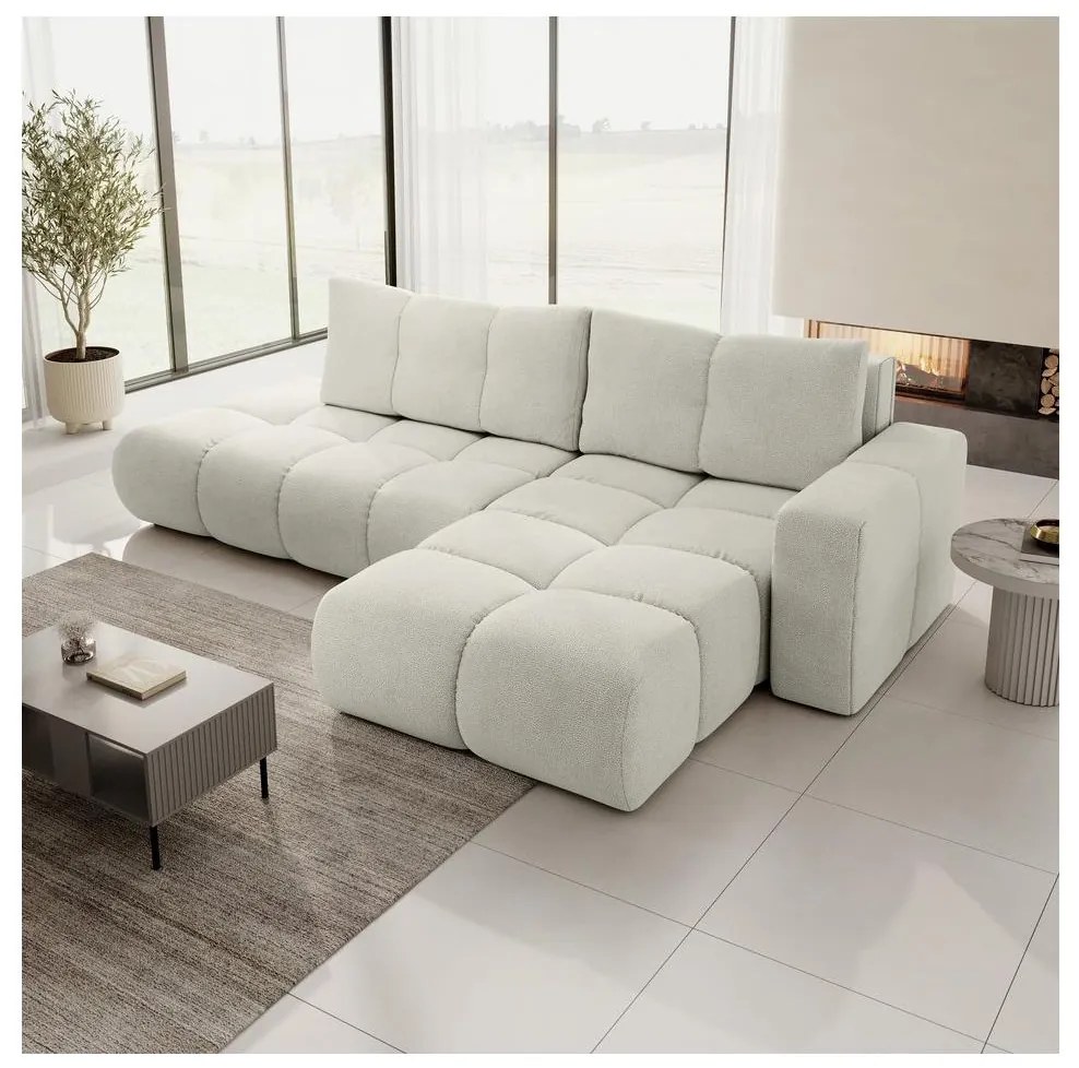 Rozkladacia rohová čalúnená sedacia súprava s úložným priestorom v tvare L ALMADA, pravé prevedenie, béžová