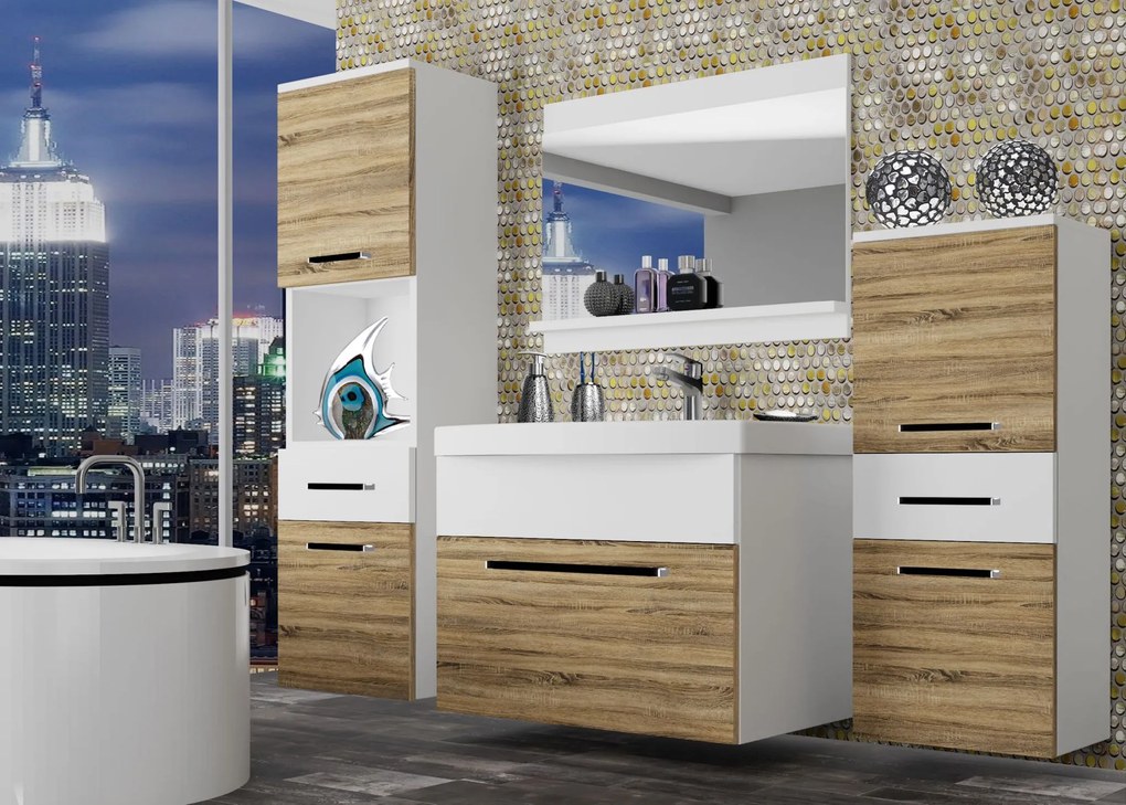 Kúpeľňový nábytok Belini dub sonoma / biely mat + umývadlo + zrkadlo ROD M 5/0/W/DSW/0/ZW