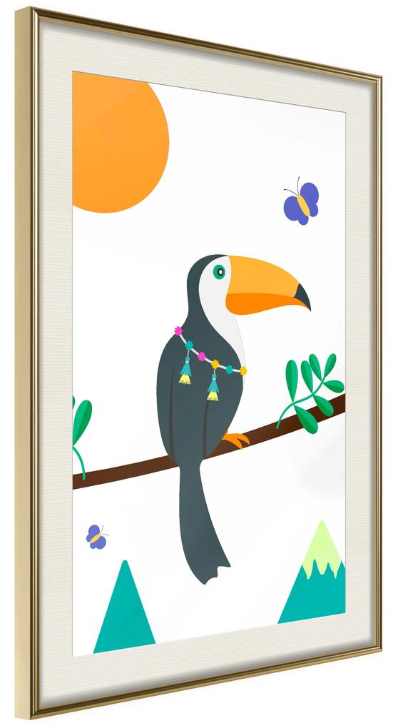 Artgeist Plagát - Toucan And Butterflies [Poster] Veľkosť: 20x30, Verzia: Zlatý rám s passe-partout
