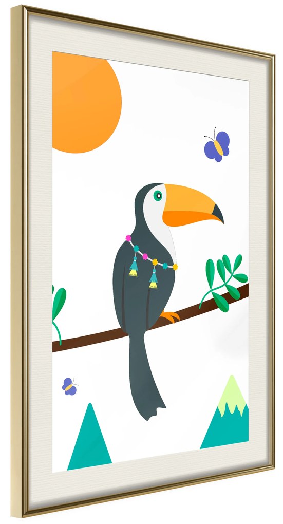 Artgeist Plagát - Toucan And Butterflies [Poster] Veľkosť: 30x45, Verzia: Čierny rám s passe-partout