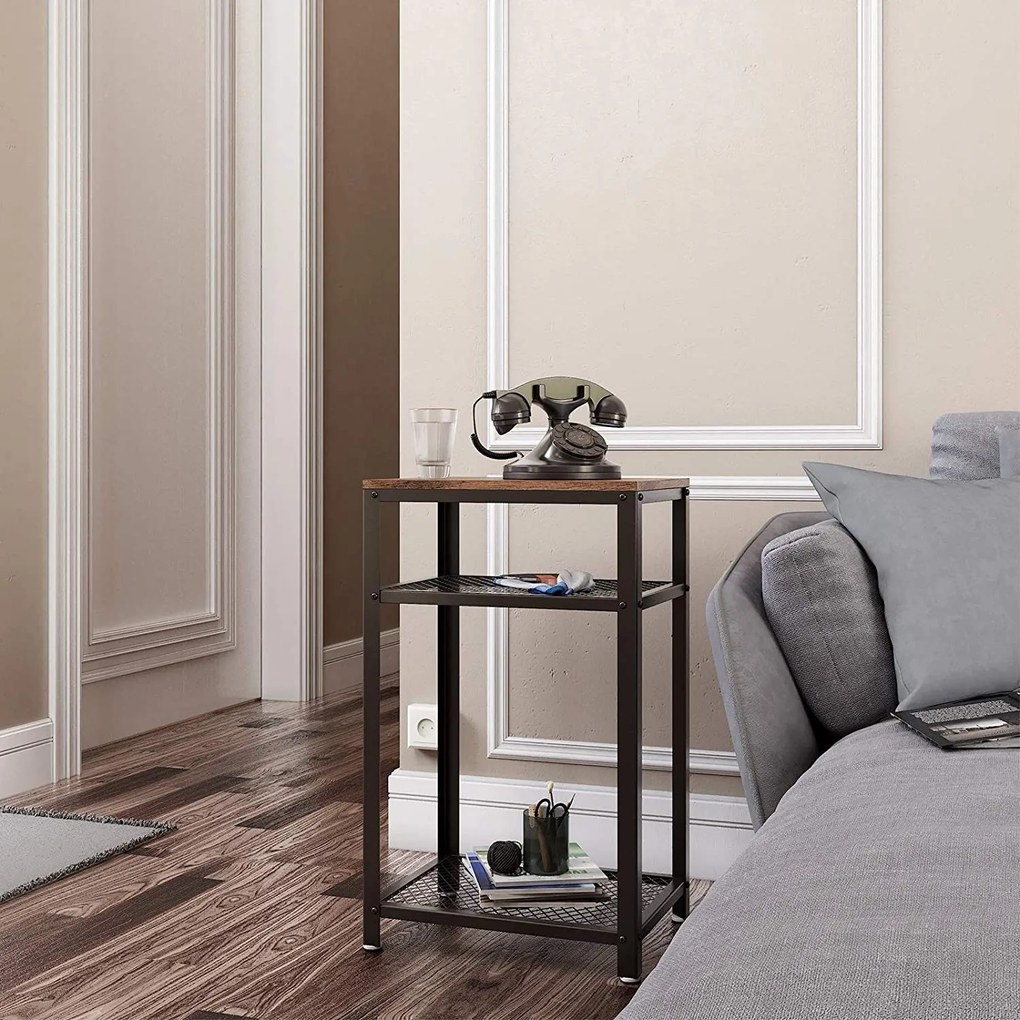 Príručný stolík, nočný stolík s 2 kovovými policami, rustikálny hnedý