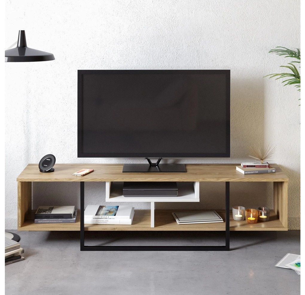 TV stolík/skrinka Aslana 150 (biela + čierna + dub). Akcia -19%. Vlastná spoľahlivá doprava až k Vám domov. 1101383