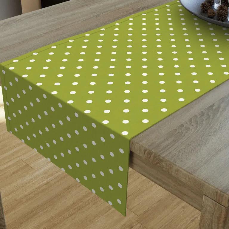 Goldea dekoračný behúň na stôl loneta - vzor biele bodky na olivovo zelenom 20x120 cm