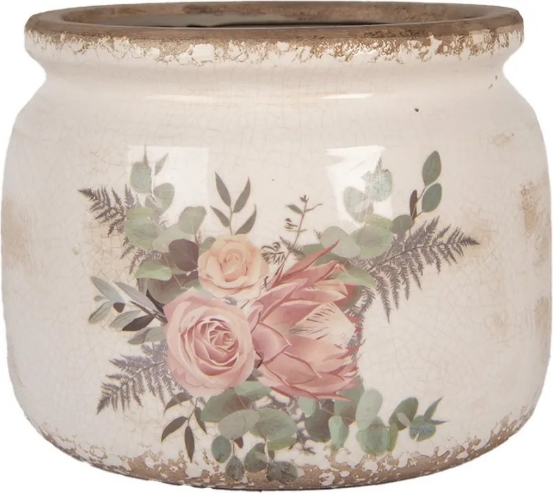 Béžový keramický kvetináč s kvetmi Protea Eucalypt L - Ø 20*15 cm