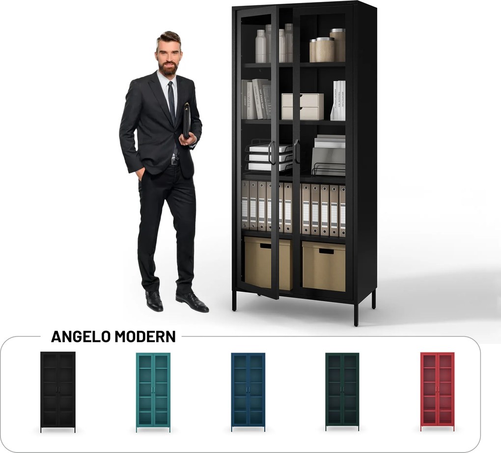 Sklenená vitrína ANGELO do obývačky – kovová, čierna, 800 x 1850 x 450 mm