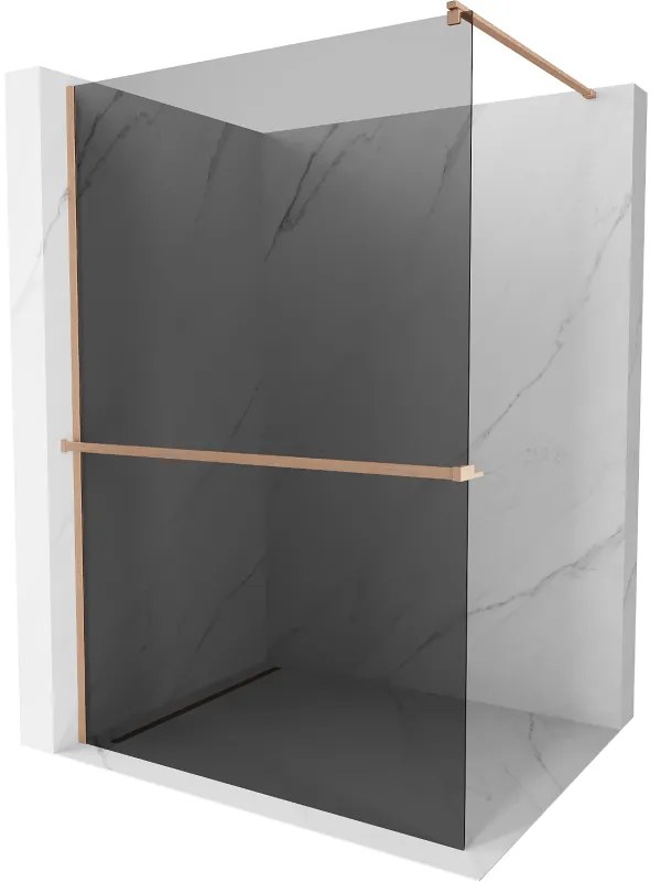 Mexen Kioto+, sprchová zástena Walk-In s poličkou a vešiakom 90 x 200 cm, 8mm šedé sklo, medený matný profil, 800-090-121-65-40