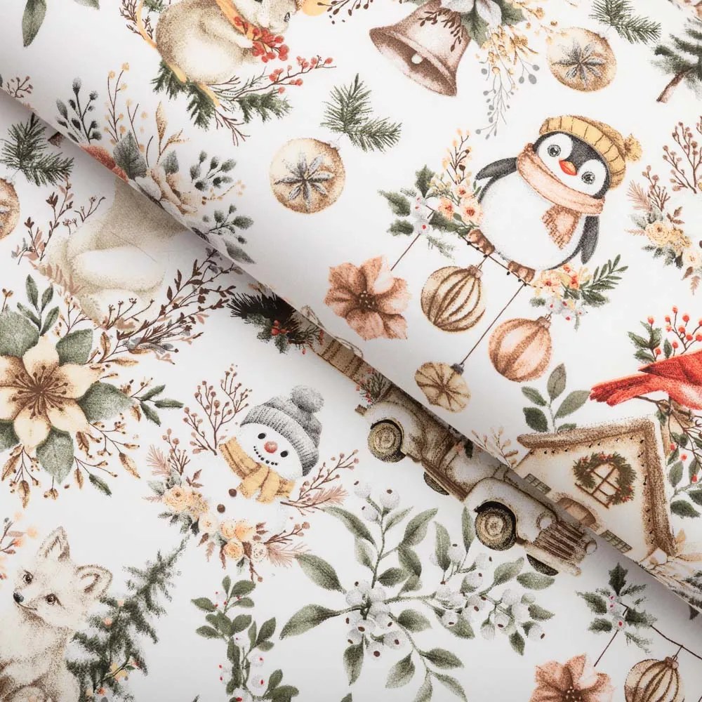 Biante Bavlnený behúň na stôl Sandra SA-709 Zimná rozprávka zeleno-hnedá na bielom 45x120 cm