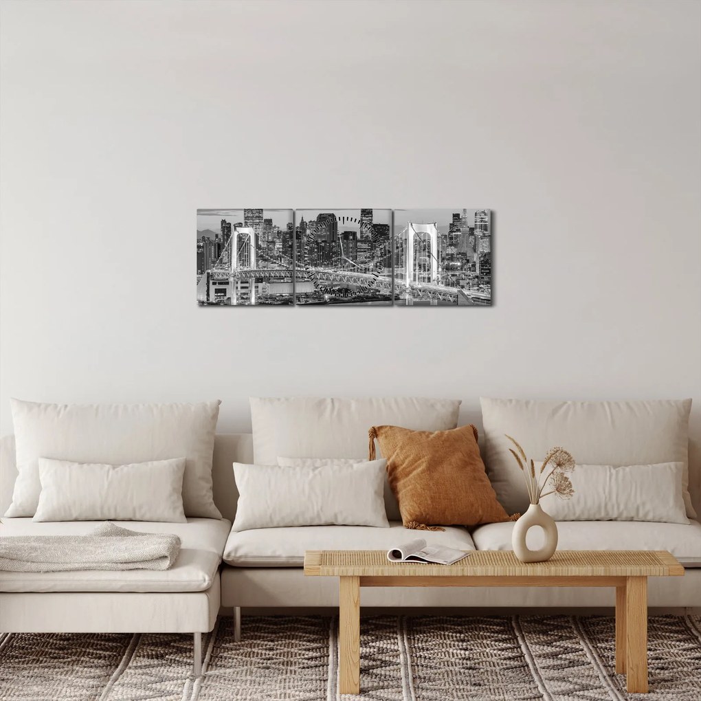 Obraz - Čiernobiele veľkomesto (s hodinami) (90x30 cm)