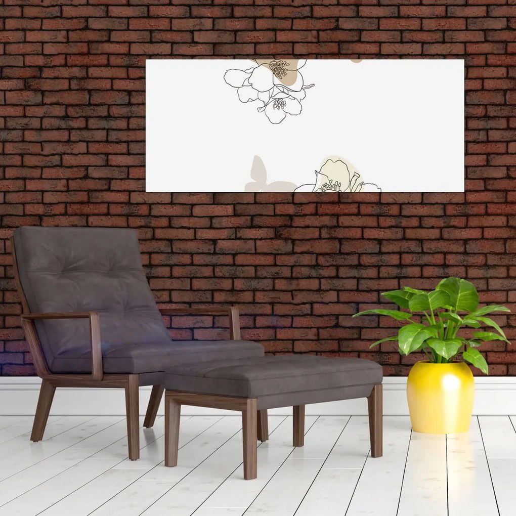 Obraz - Béžové kvety s motýľom N⁰2 (120x50 cm)