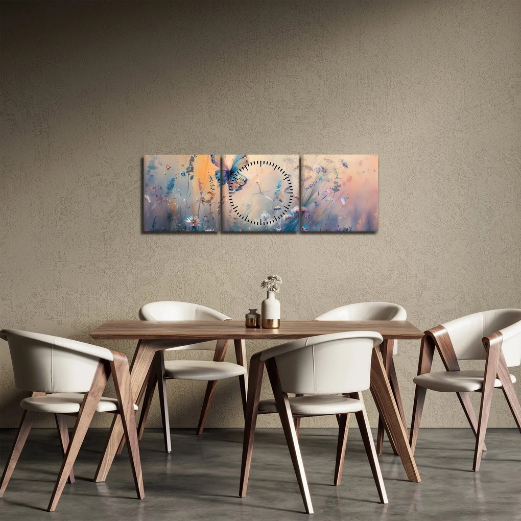 Obraz - Lúka s motýľom II. (s hodinami) (90x30 cm)