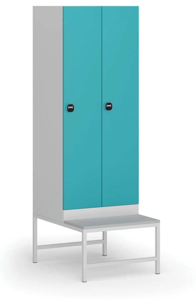 Šatníková skrinka s lavičkou, 2 oddiely, 1875 x 600 x 500/800 mm, zámok s čítačkou RFID kariet, zelené dvere