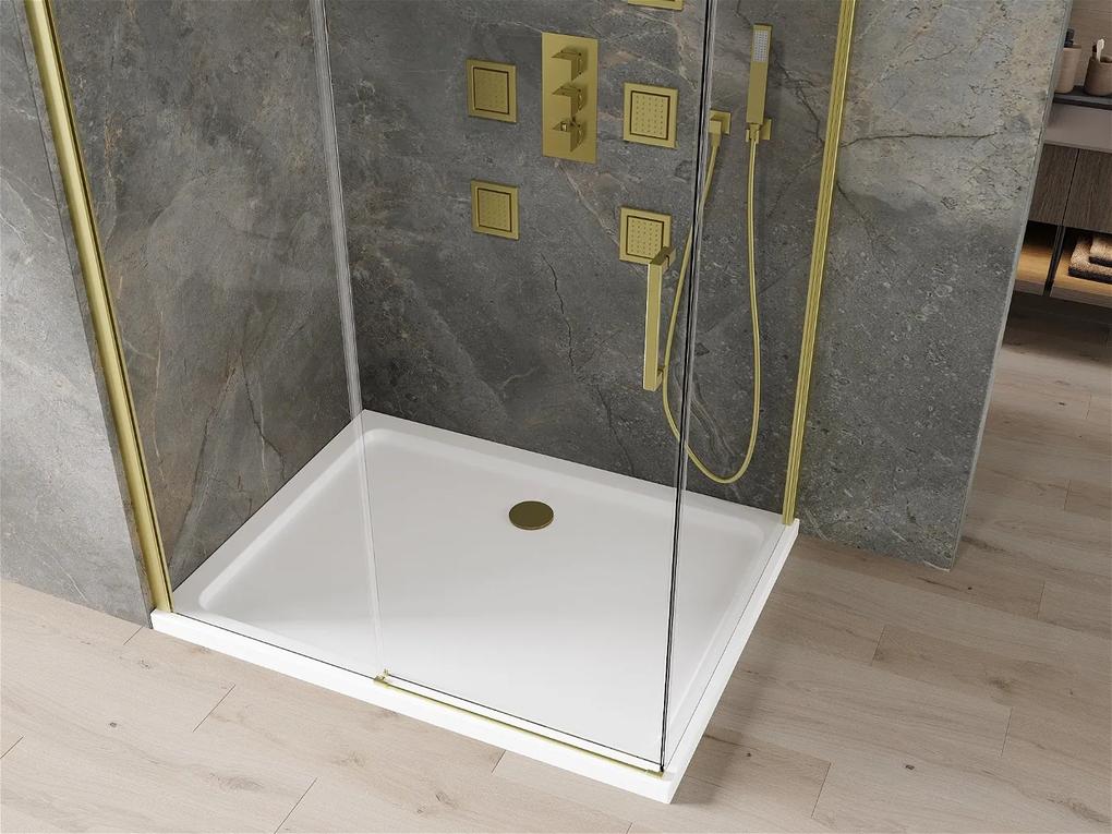 Mexen Omega, sprchovací kút s posuvnými dverami 120 (dvere) x 90 (stena) cm, 8mm číre sklo, zlatý profil + slim sprchová vanička 5cm, 825-120-090-50-00-4010