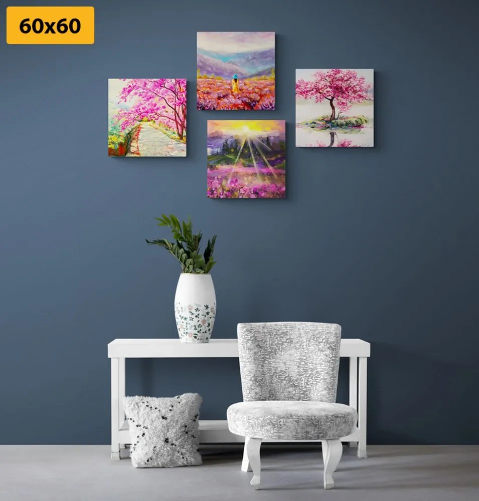 Set obrazov nádherná imitácia olejomaľby v ružovej farbe Varianta: 4x 40x40