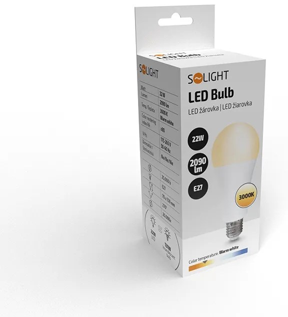 SOLIGHT LED žiarovka klasický tvar A70 22W, E27, 3000K, 270 °, 2090lm
