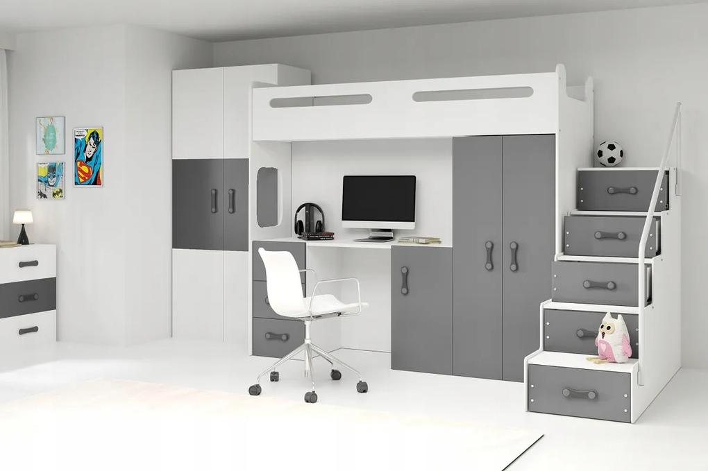 Interbeds MAX 4 poschodová posteľ 258x180 komplet + matrac + písací stôl + šatník sivo-biela