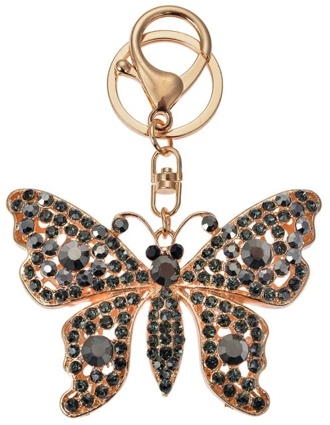 Čierno-zlatý kovový prívesok na kľúče s kamienkami motýľ - 6*2*8 cm