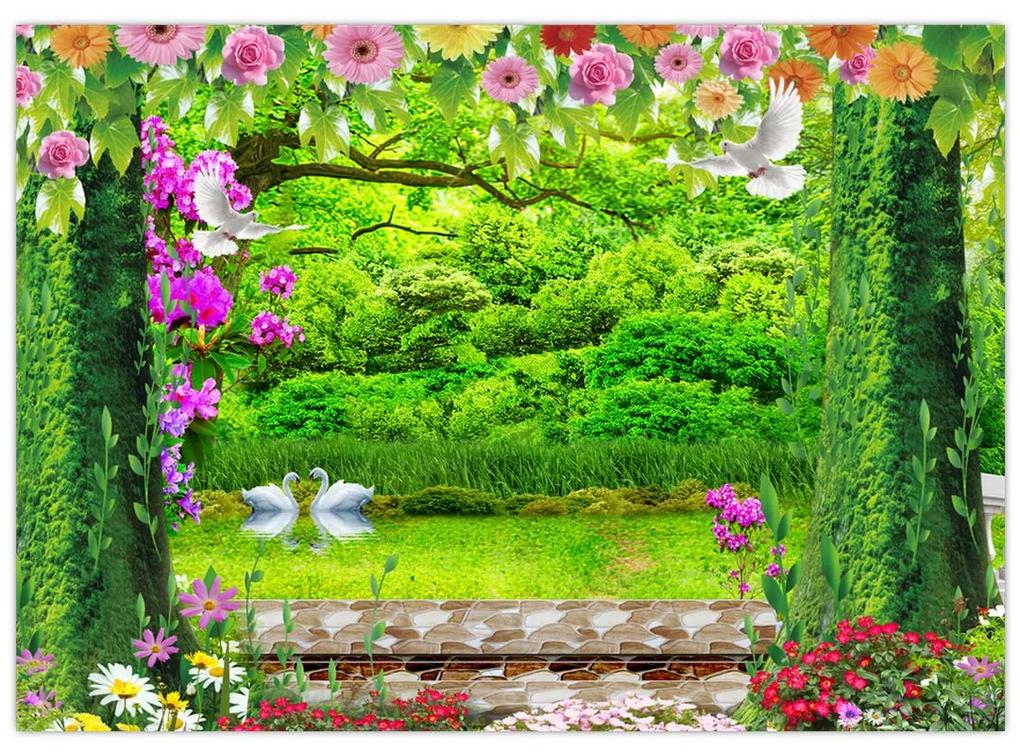 Sklenený obraz - Čarovná záhrada s labuťami (70x50 cm)