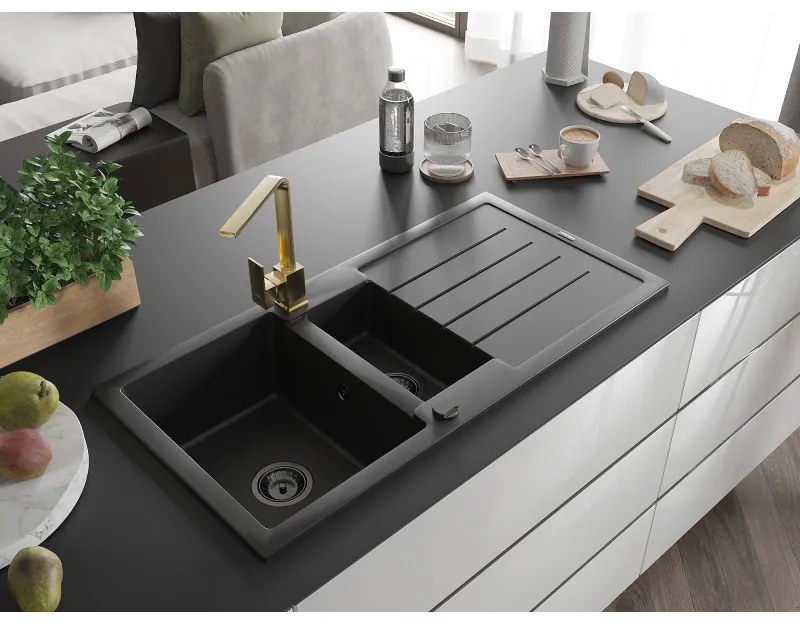 Mexen Andres, granitový drez 1000x500x200 mm, 1,5-komorový, čierna s čiernym sifónom a zlatá drezová batéria Rita, 6515-77-670300-50-B